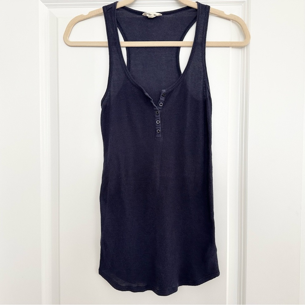 Henley Waffle Knit Navy Blue Fall Layering Tank Top - Y2K Style